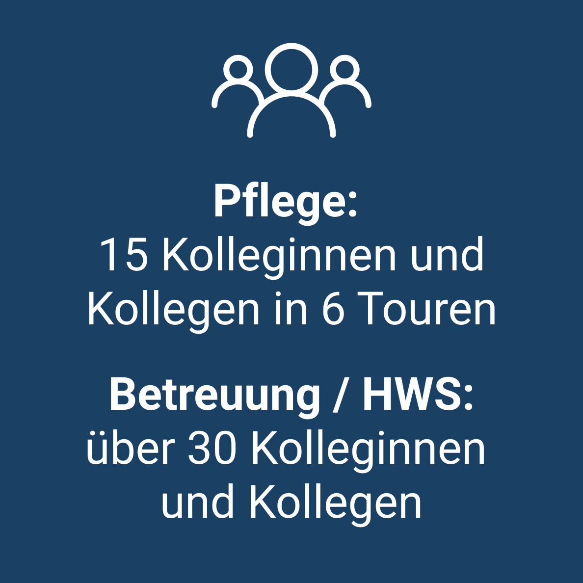 Pflege: 14 Kolleginnen und Kollegen in 6 Touren, Betreuung / HWS:
28 Kolleginnen und Kollegen